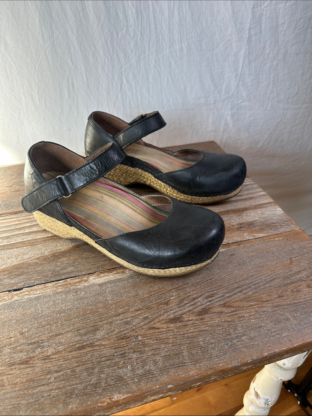 Dansko Black Leather Mary Jane Wedge Espadrille